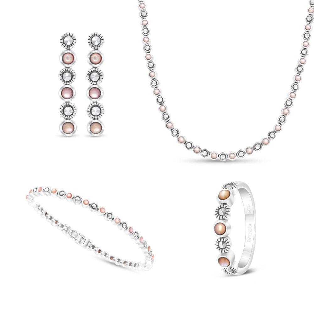 Sterling Silver 925 Set Embedded With Natural Pink Shell And Marcasite Stones