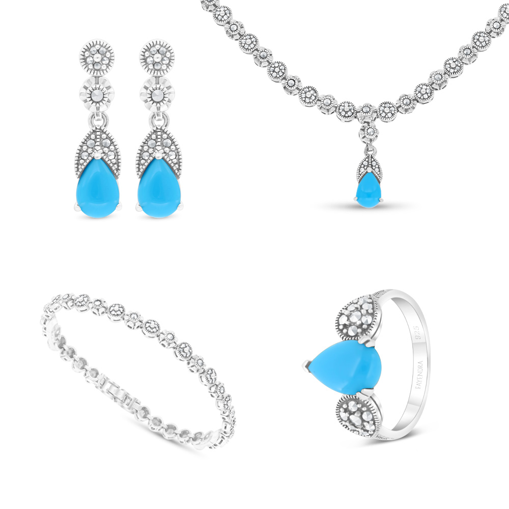 Sterling Silver 925 Set Embedded With Natural Processed Turquoise And Marcasite Stones