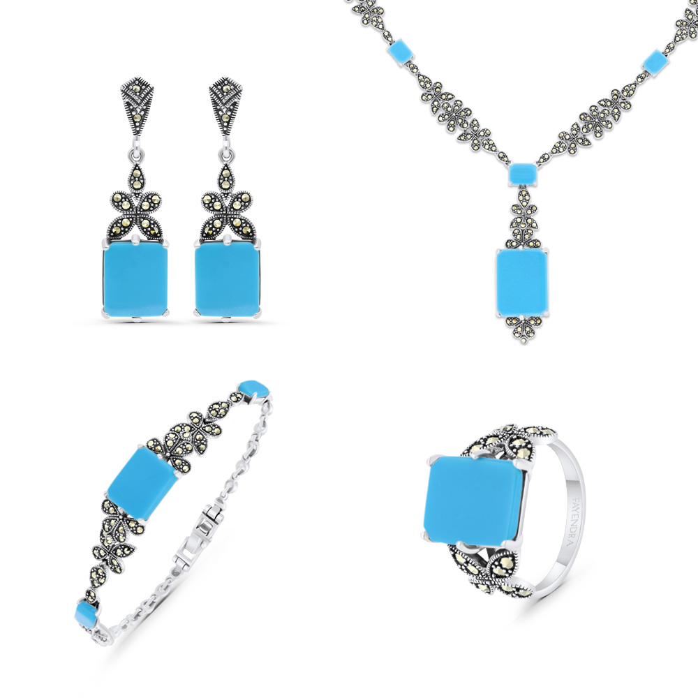 Sterling Silver 925 Set Embedded With Natural Processed Turquoise And Marcasite Stones