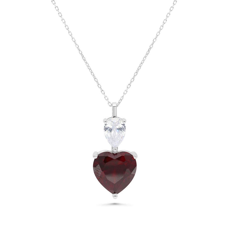 Sterling Silver 925 Necklace Rhodium Plated Embedded With Ruby Corundum And White CZ