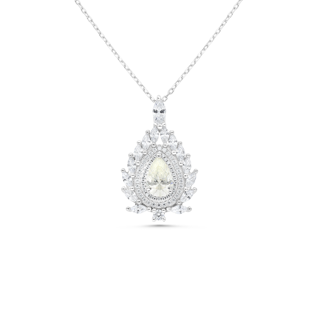 Sterling Silver 925 Necklace Rhodium Plated Embedded With Yellow Zircon And White CZ