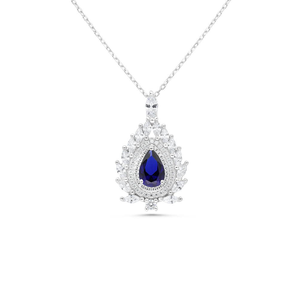 Sterling Silver 925 Necklace Rhodium Plated Embedded With Sapphire Corundum And White CZ