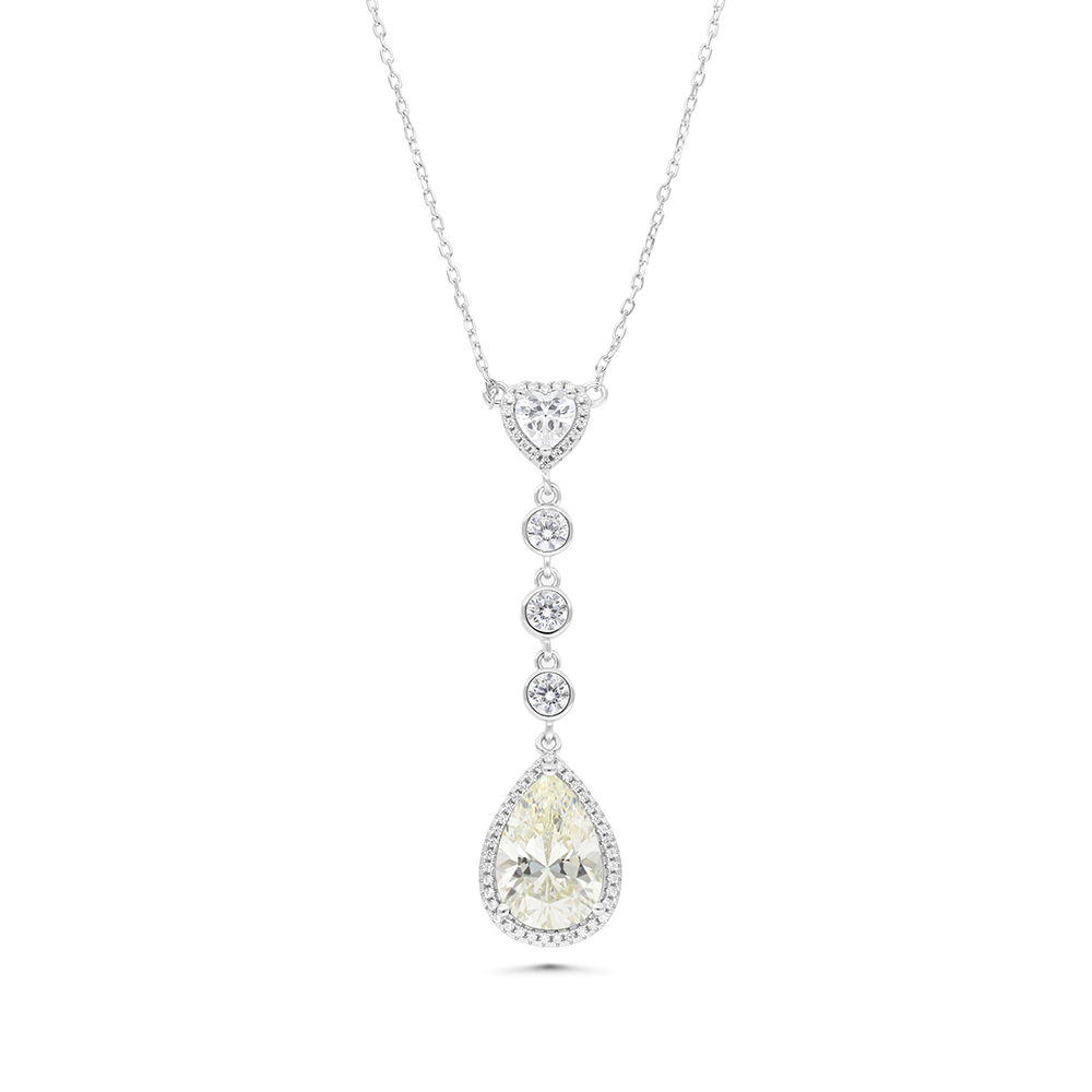 Sterling Silver 925 Necklace Rhodium Plated Embedded With Yellow Zircon And White CZ