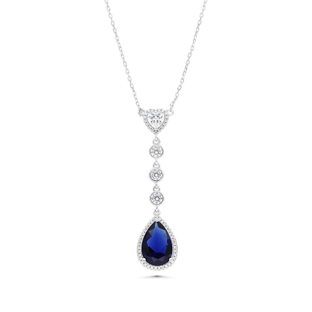 Sterling Silver 925 Necklace Rhodium Plated Embedded With Sapphire Corundum And White CZ