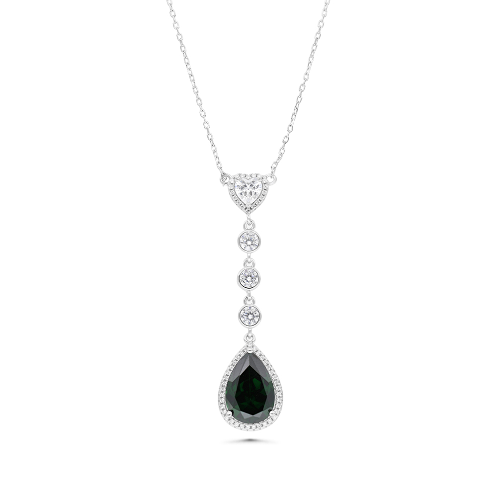 Sterling Silver 925 Necklace Rhodium Plated Embedded With Emerald Zircon And White CZ