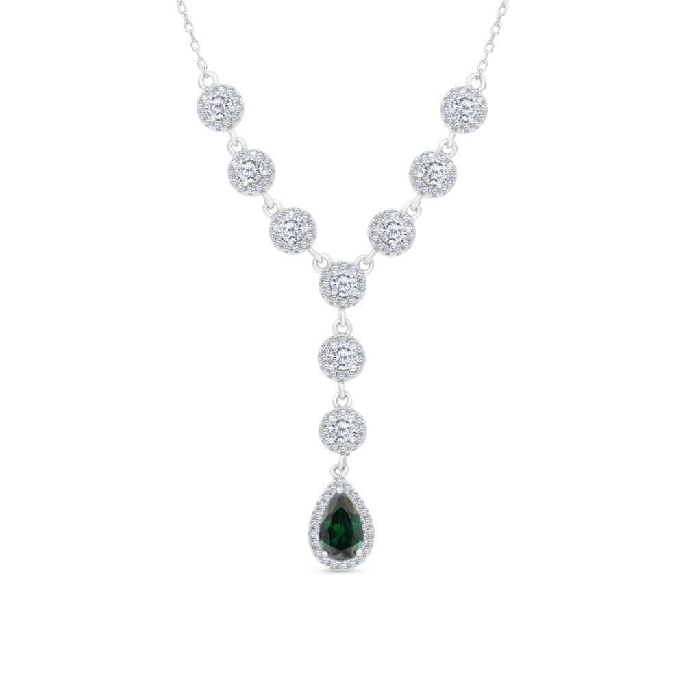 Sterling Silver 925 Necklace Rhodium Plated Embedded With Emerald Zircon And White CZ