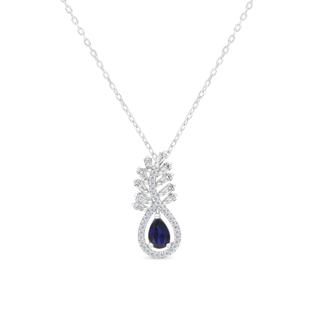 Sterling Silver 925 Necklace Rhodium Plated Embedded With Sapphire Corundum And White CZ