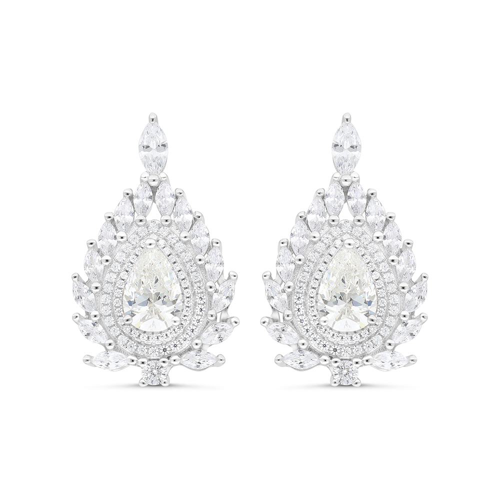 Sterling Silver 925 Earring Rhodium Plated Embedded With Yellow Zircon And White CZ