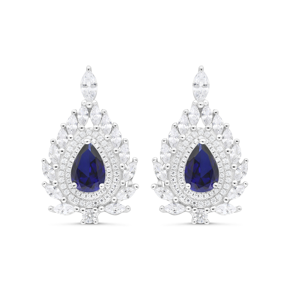 Sterling Silver 925 Earring Rhodium Plated Embedded With Sapphire Corundum And White CZ