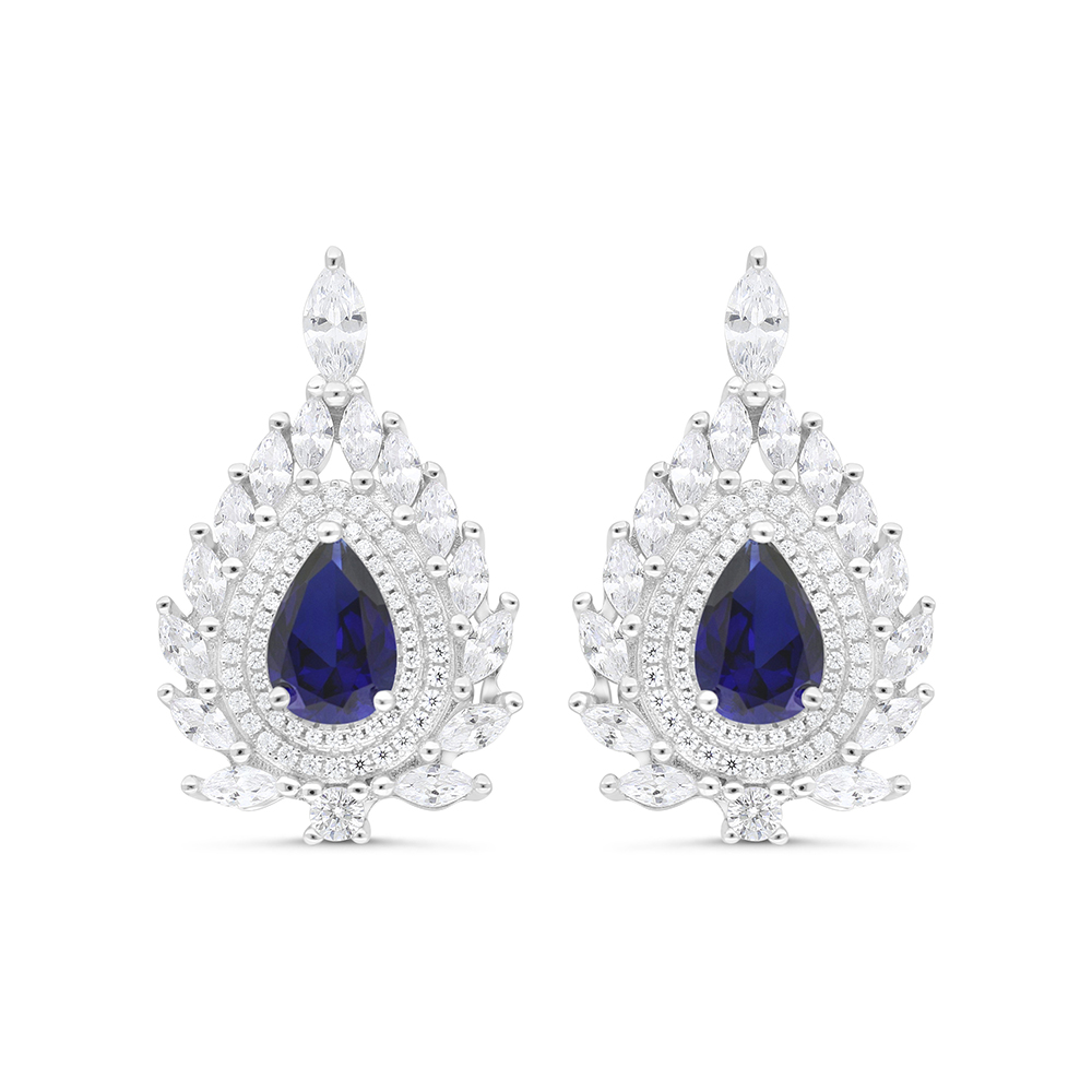 Sterling Silver 925 Earring Rhodium Plated Embedded With Sapphire Corundum And White CZ