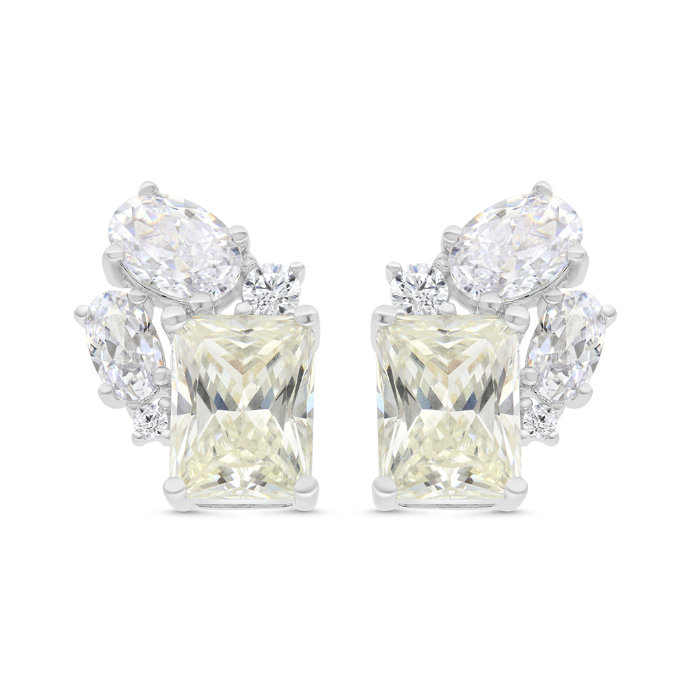 Sterling Silver 925 Earring Rhodium Plated Embedded With Yellow Zircon And White CZ