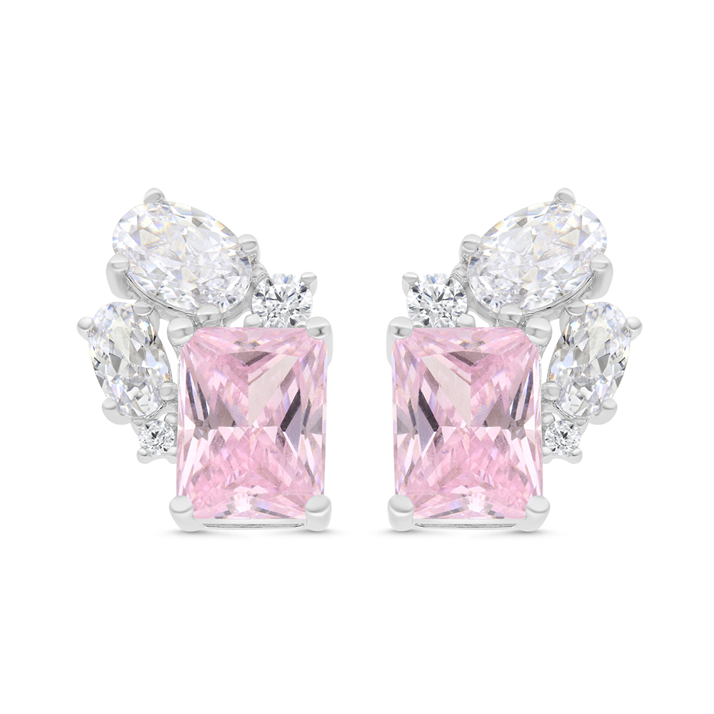 Sterling Silver 925 Earring Rhodium Plated Embedded With Pink Zircon And White CZ