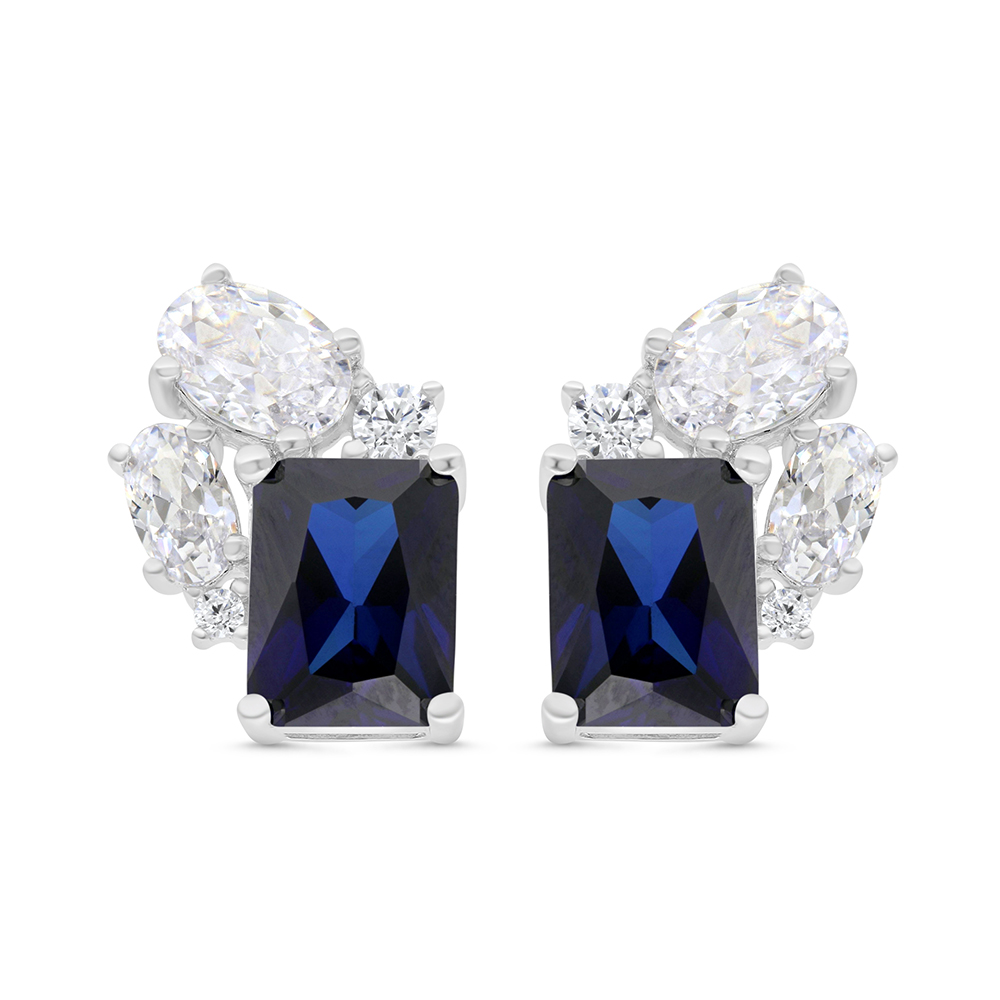 Sterling Silver 925 Earring Rhodium Plated Embedded With Sapphire Corundum And White CZ