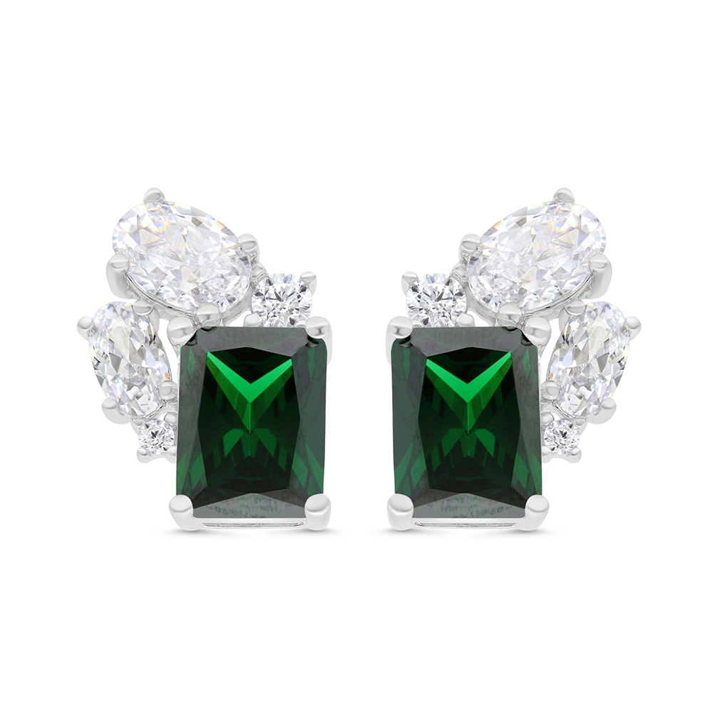 Sterling Silver 925 Earring Rhodium Plated Embedded With Emerald Zircon And White CZ