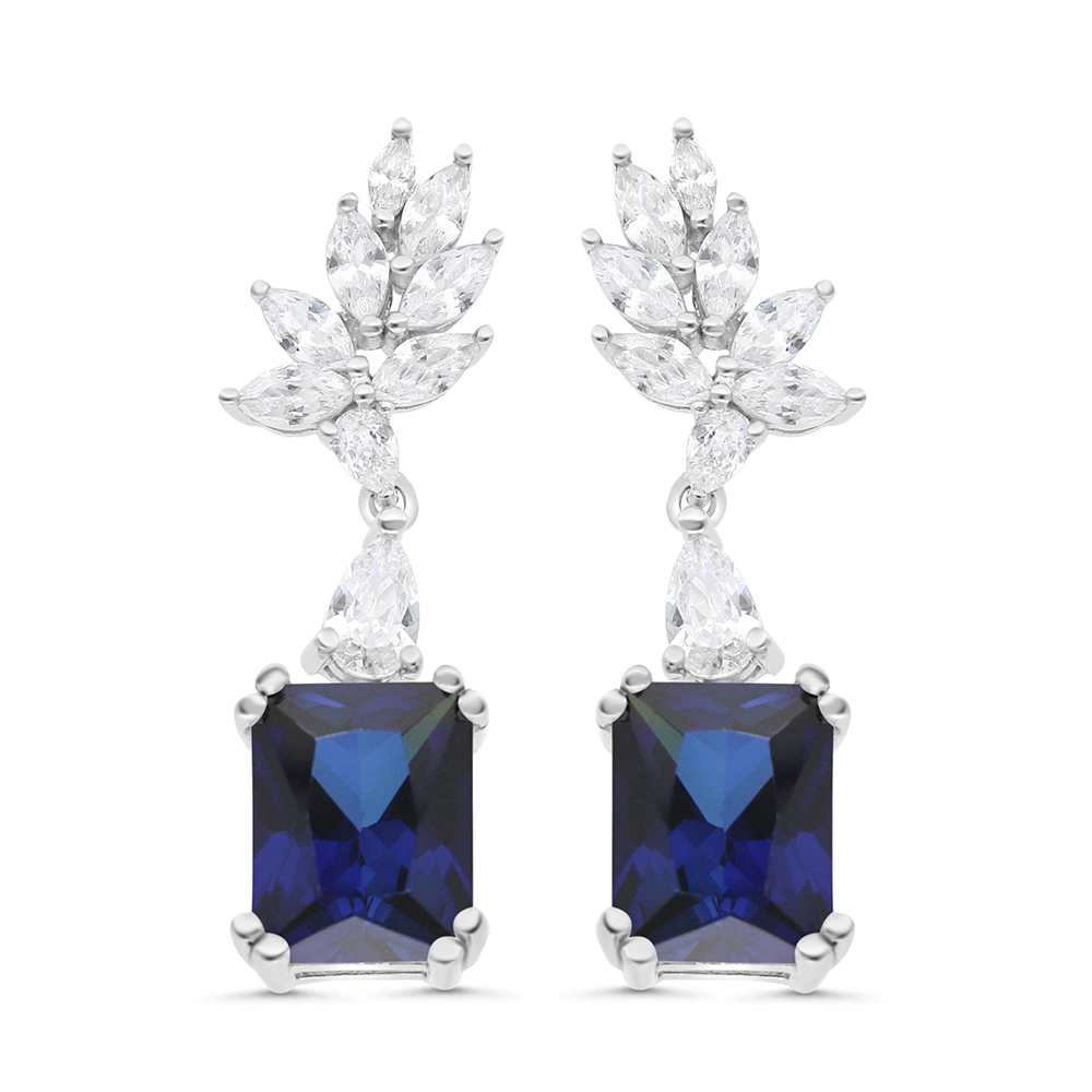 Sterling Silver 925 Earring Rhodium Plated Embedded With Sapphire Corundum And White CZ