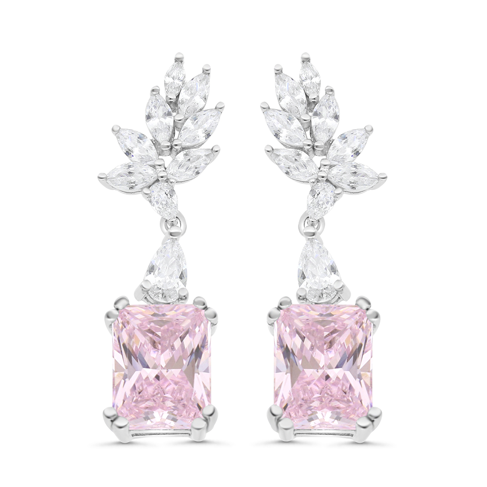 Sterling Silver 925 Earring Rhodium Plated Embedded With Pink Zircon And White CZ