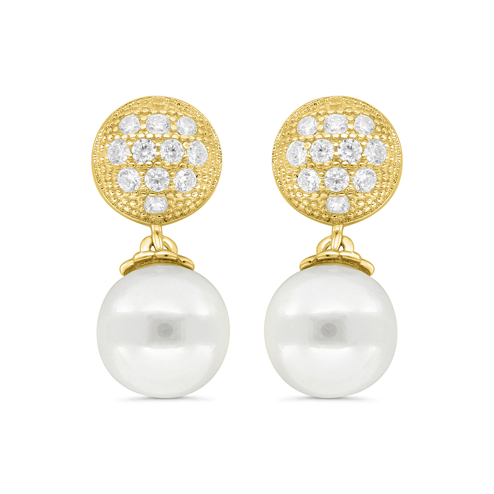 Sterling Silver 925 Earring Gold Plated Embedded With White Shell Pearl And White CZ