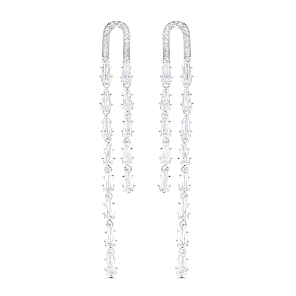 Sterling Silver 925 Earring Rhodium Plated Embedded With White CZ