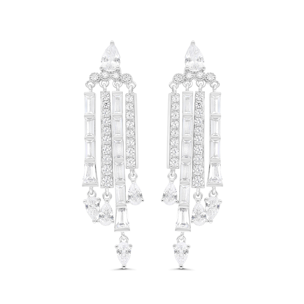 Sterling Silver 925 Earring Rhodium Plated Embedded With White CZ