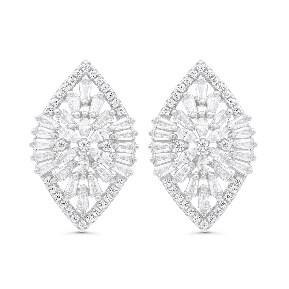 Sterling Silver 925 Earring Rhodium Plated Embedded With White CZ