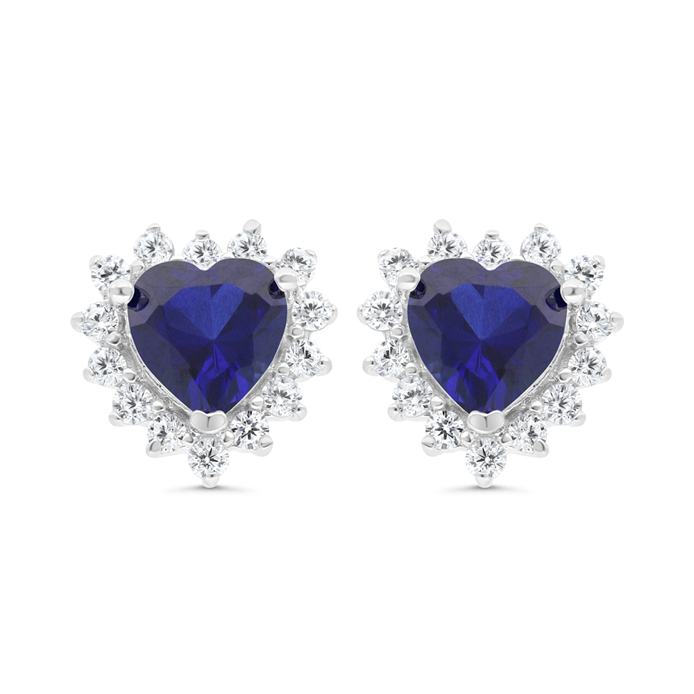 Sterling Silver 925 Earring Rhodium Plated Embedded With Sapphire Corundum And White CZ