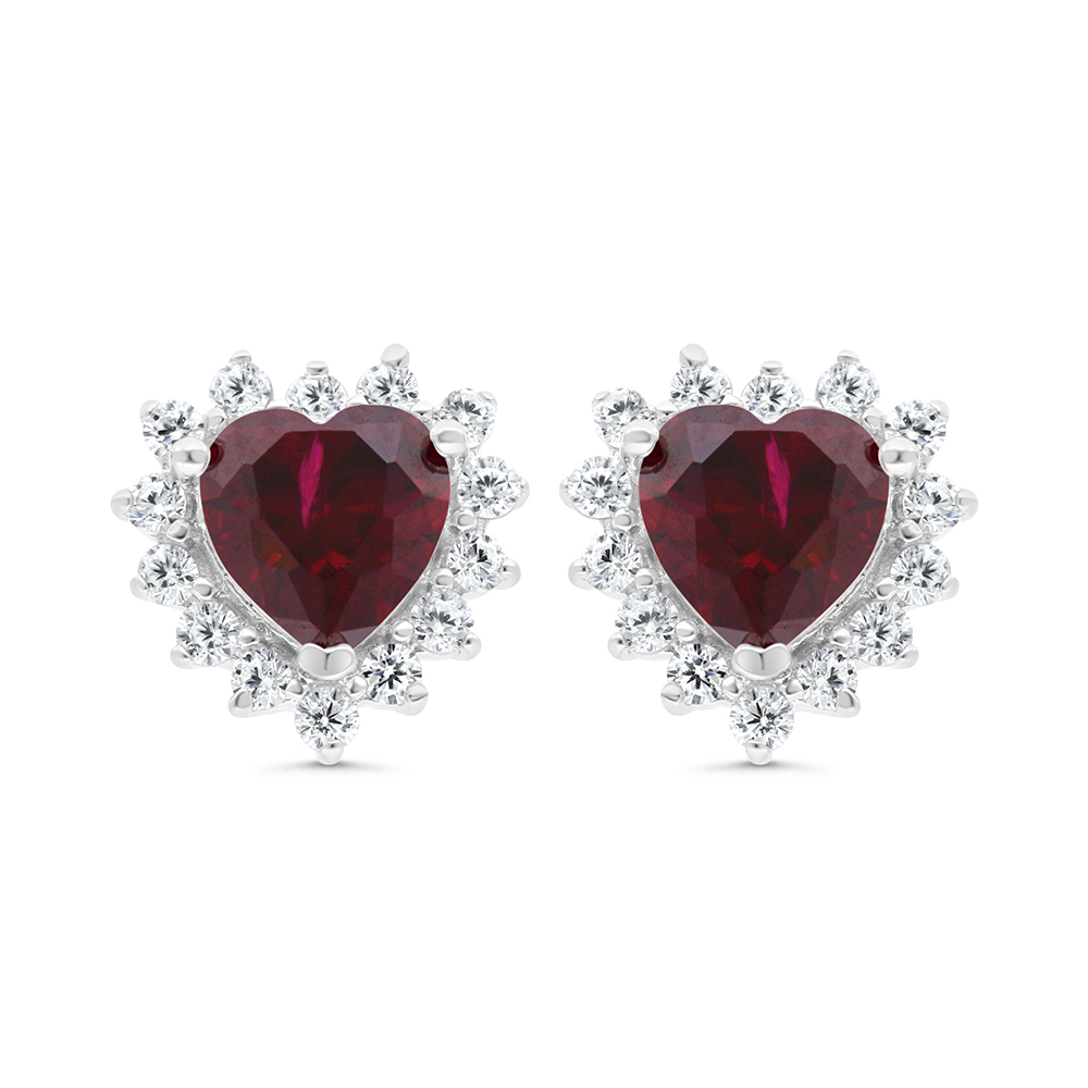 Sterling Silver 925 Earring Rhodium Plated Embedded With Ruby Corundum And White CZ