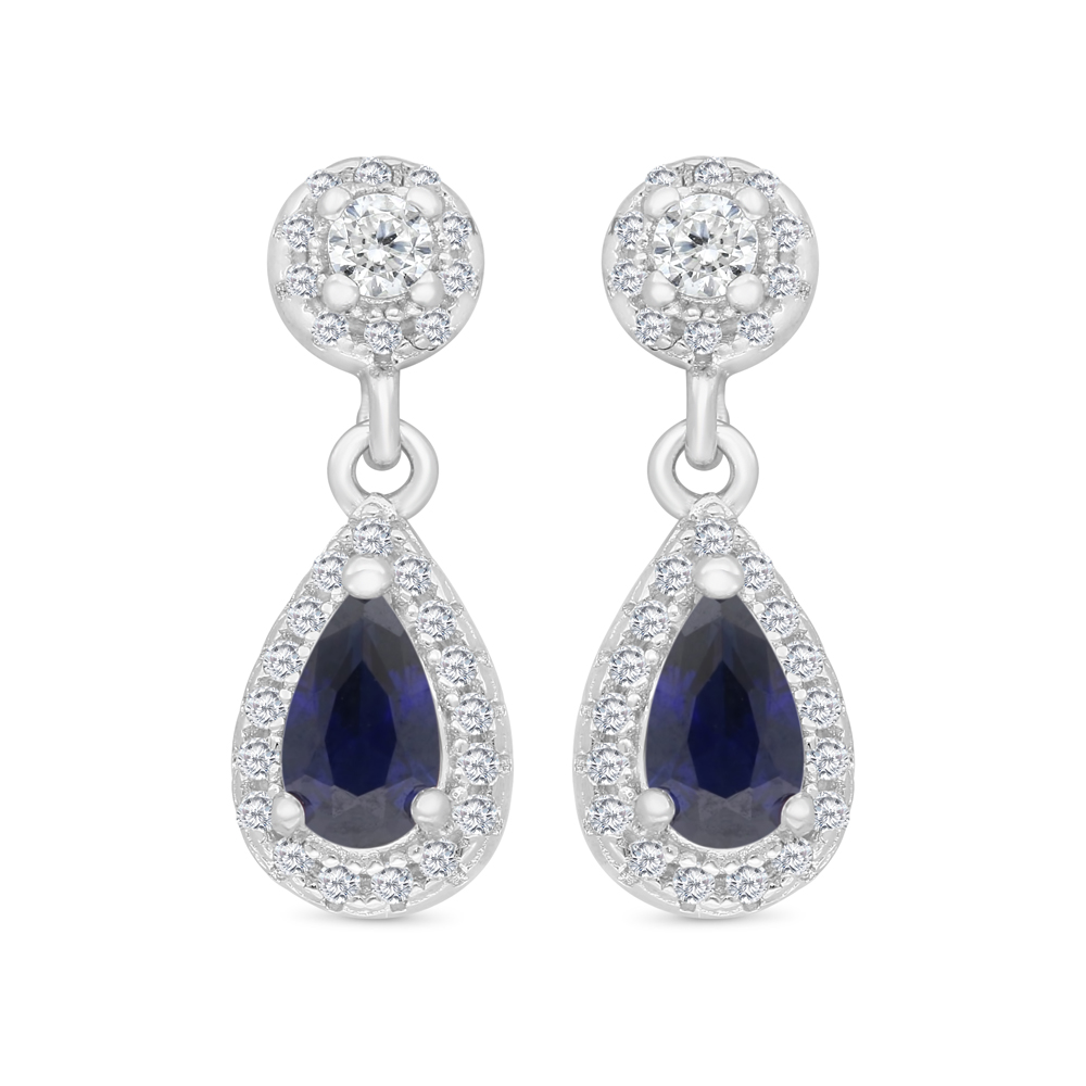 Sterling Silver 925 Earring Rhodium Plated Embedded With Sapphire Corundum And White CZ