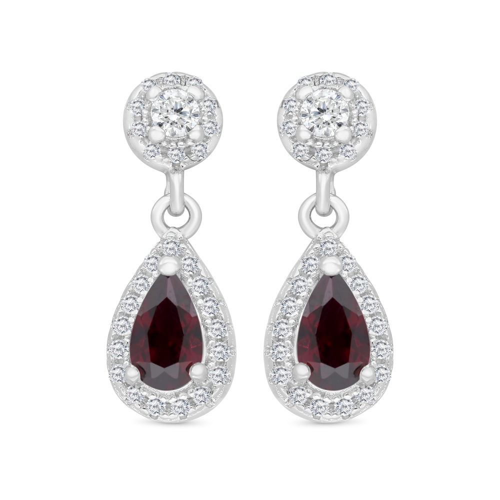 Sterling Silver 925 Earring Rhodium Plated Embedded With Ruby Corundum And White CZ