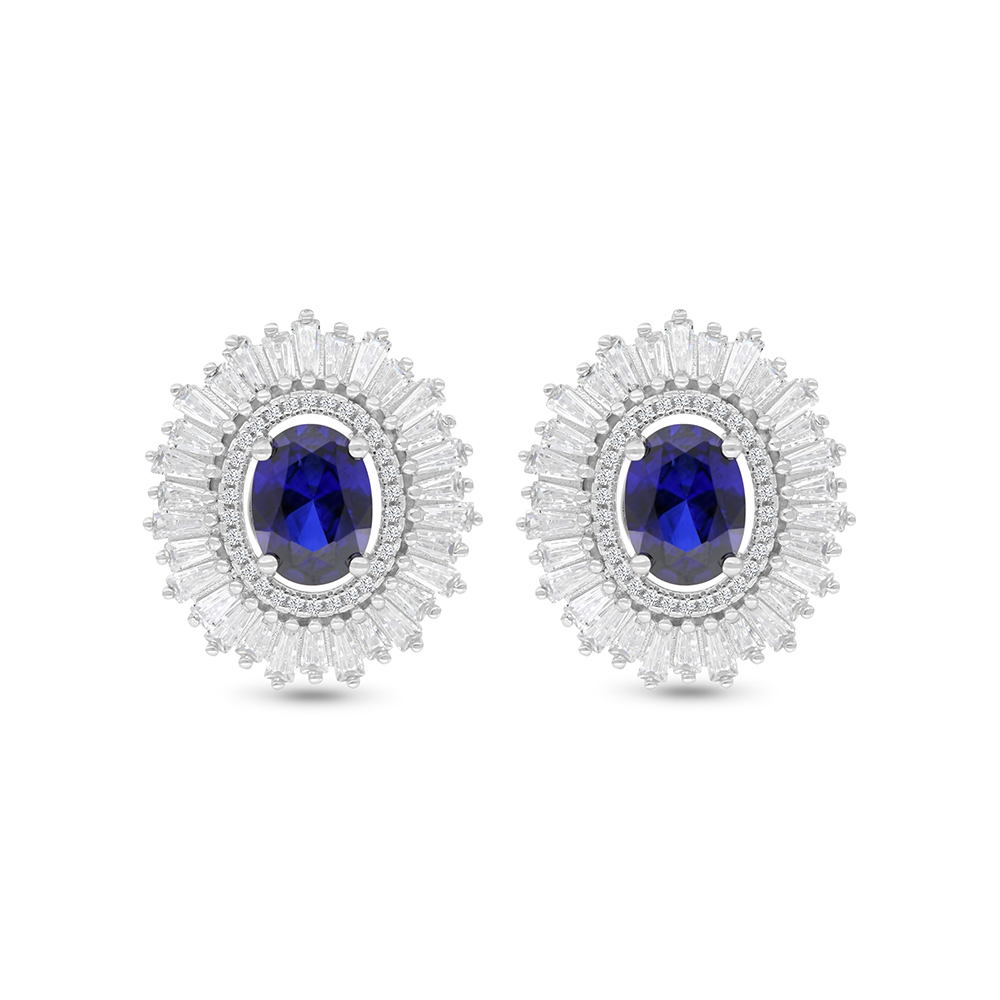 Sterling Silver 925 Earring Rhodium Plated Embedded With Sapphire Corundum And White CZ