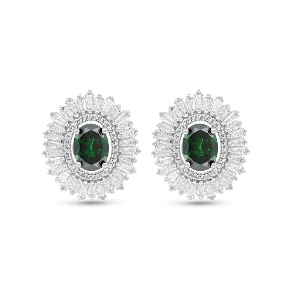 Sterling Silver 925 Earring Rhodium Plated Embedded With Emerald Zircon And White CZ