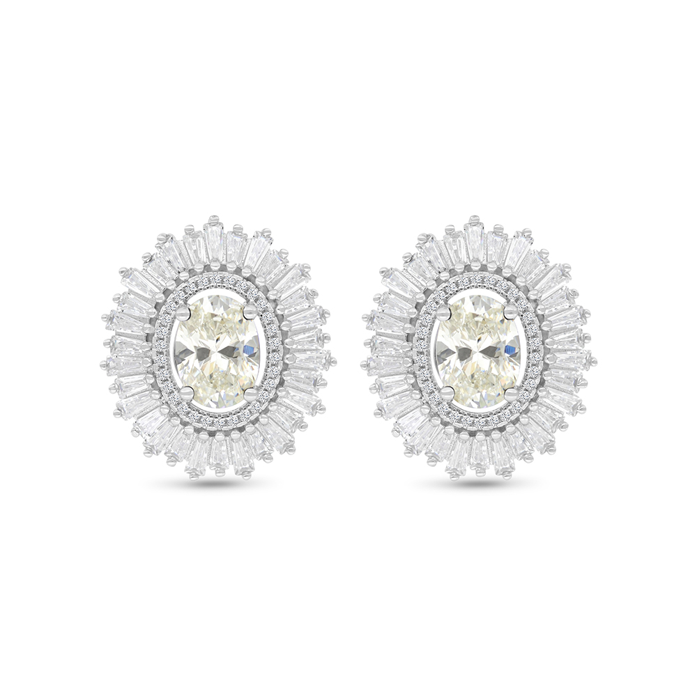 Sterling Silver 925 Earring Rhodium Plated Embedded With Yellow Zircon And White CZ