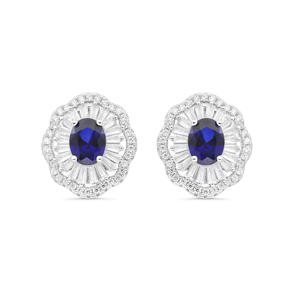 Sterling Silver 925 Earring Rhodium Plated Embedded With Sapphire Corundum And White CZ