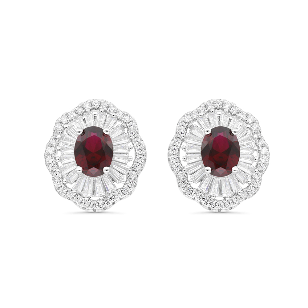 Sterling Silver 925 Earring Rhodium Plated Embedded With Ruby Corundum And White CZ