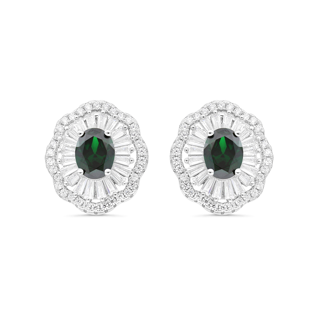 Sterling Silver 925 Earring Rhodium Plated Embedded With Emerald Zircon And White CZ