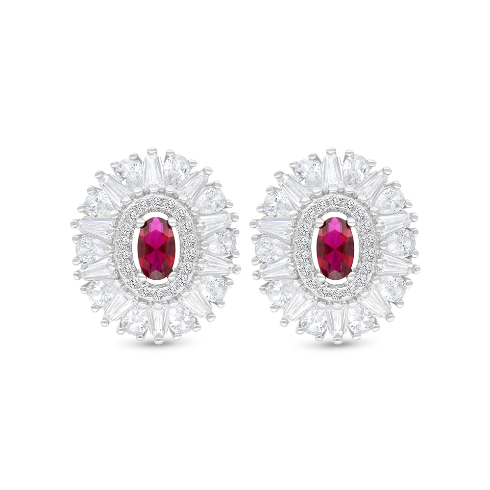 Sterling Silver 925 Earring Rhodium Plated Embedded With Ruby Corundum And White CZ