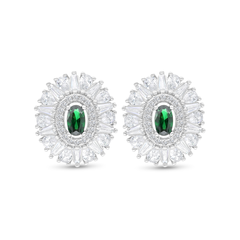 Sterling Silver 925 Earring Rhodium Plated Embedded With Emerald Zircon And White CZ