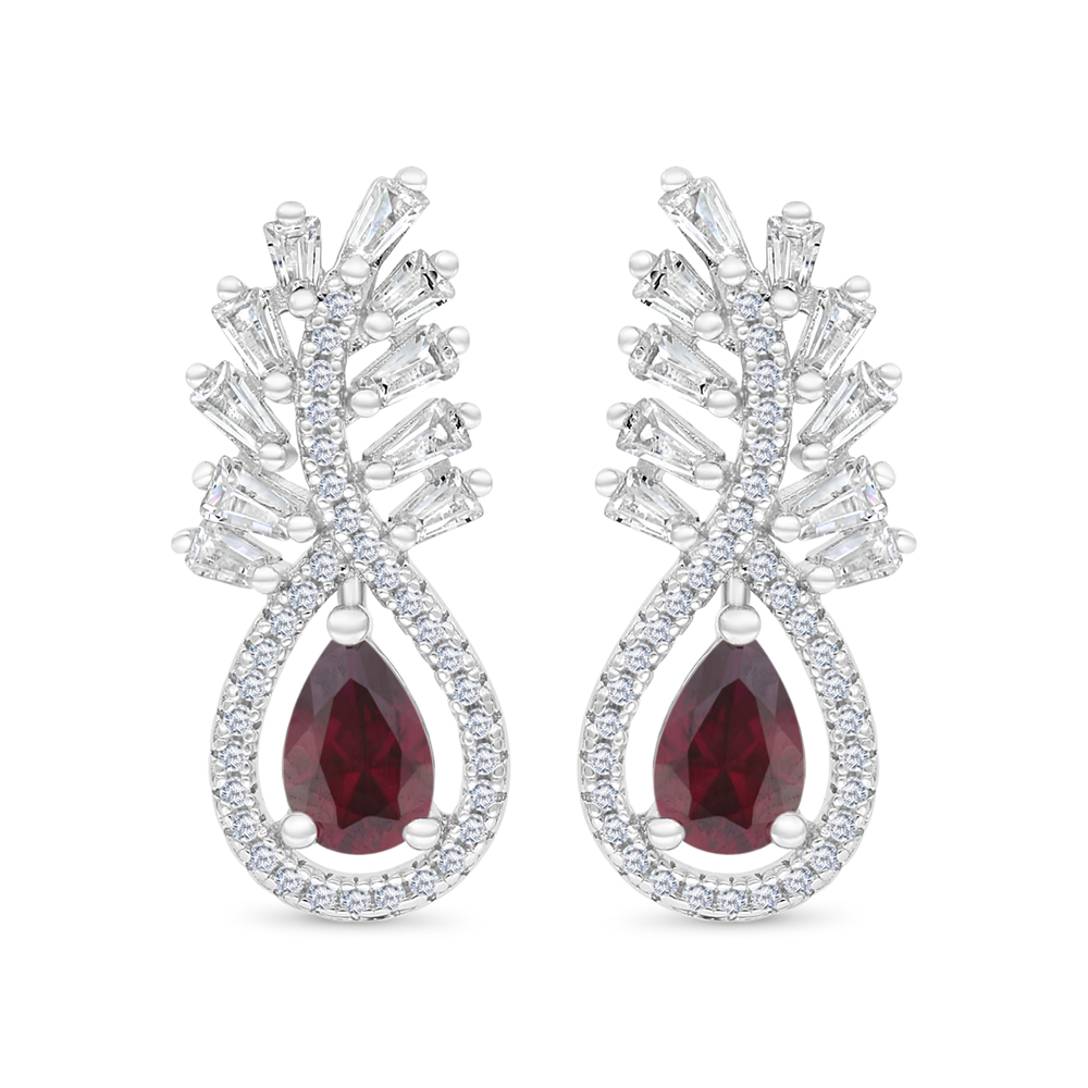 Sterling Silver 925 Earring Rhodium Plated Embedded With Ruby Corundum And White CZ