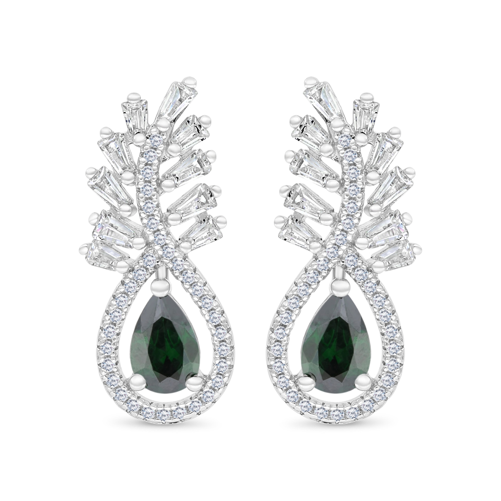 Sterling Silver 925 Earring Rhodium Plated Embedded With Emerald Zircon And White CZ