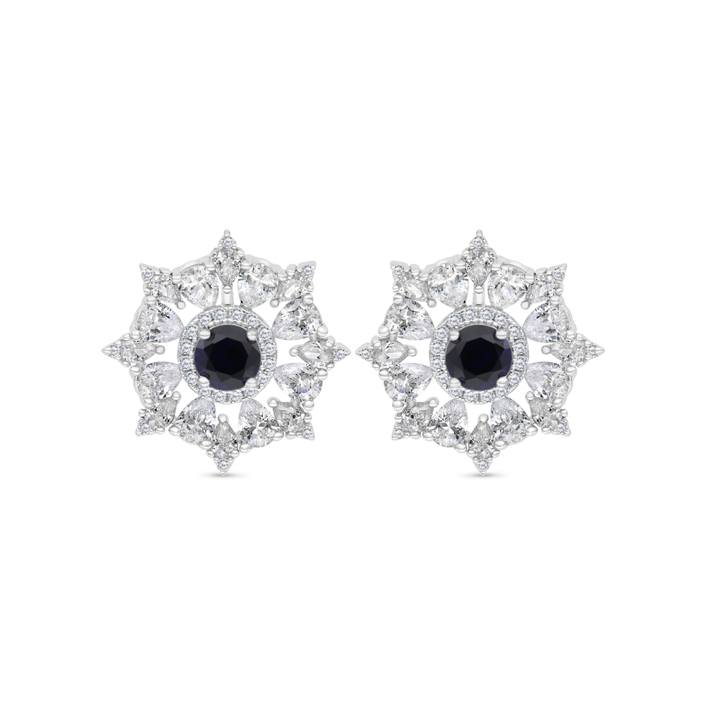 Sterling Silver 925 Earring Rhodium Plated Embedded With Sapphire Corundum And White CZ