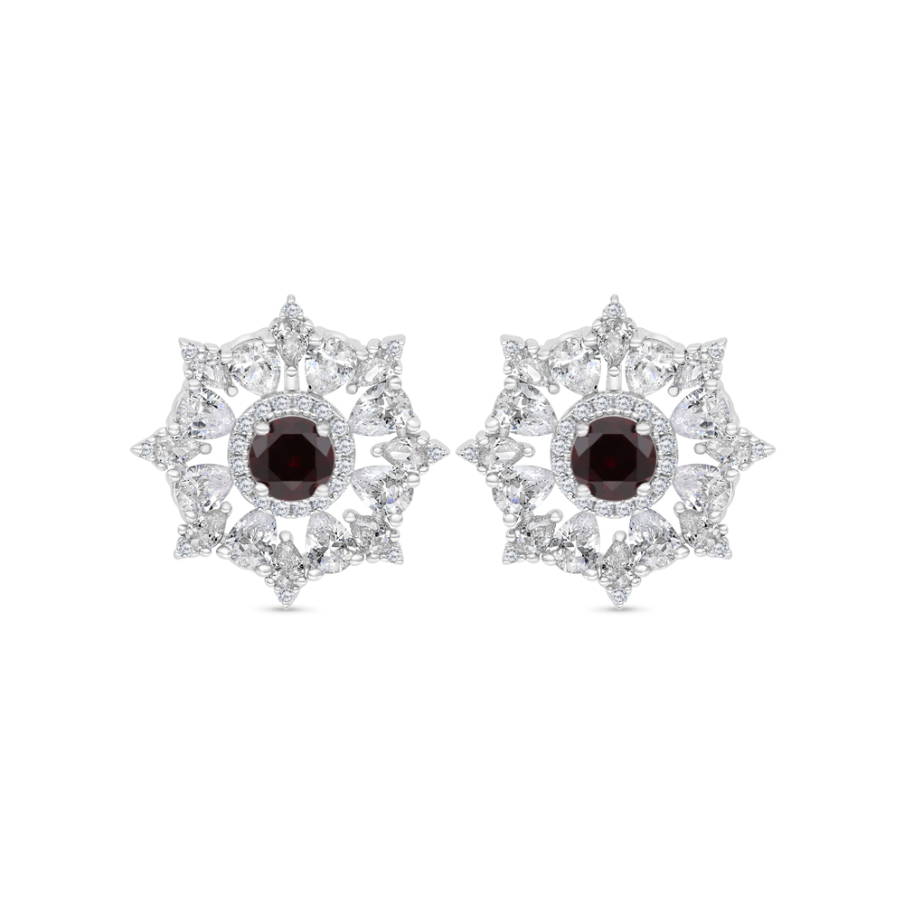 Sterling Silver 925 Earring Rhodium Plated Embedded With Ruby Corundum And White CZ