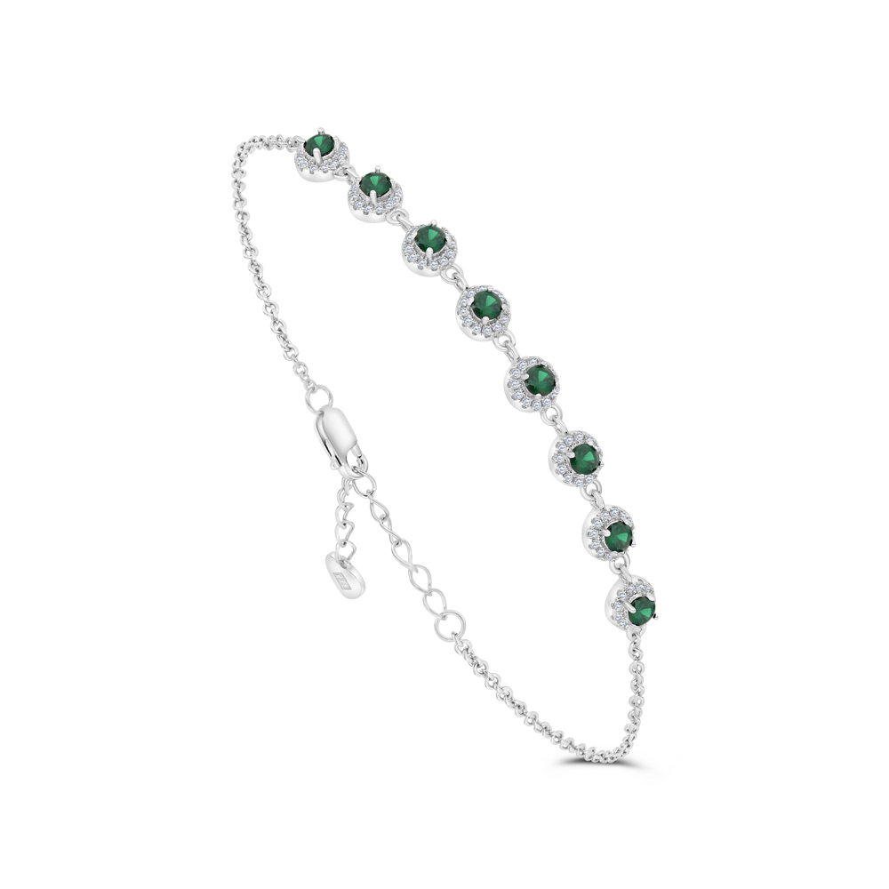 Sterling Silver 925 Bracelet Rhodium Plated Embedded With Emerald Zircon And White CZ