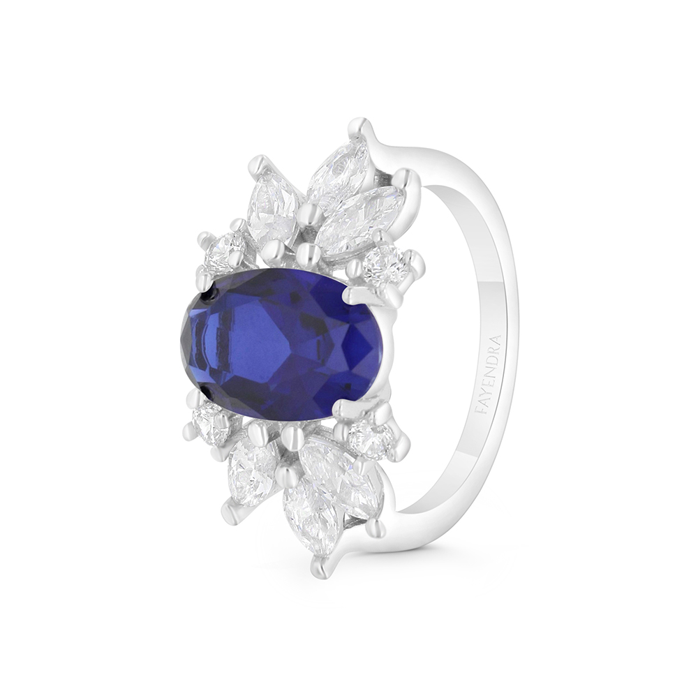 Sterling Silver 925 Ring Rhodium Plated Embedded With Sapphire Corundum And White CZ