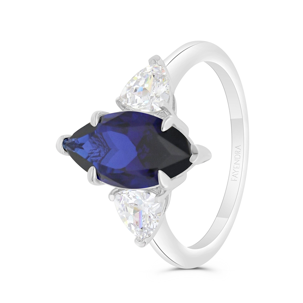 Sterling Silver 925 Ring Rhodium Plated Embedded With Sapphire Corundum And White CZ