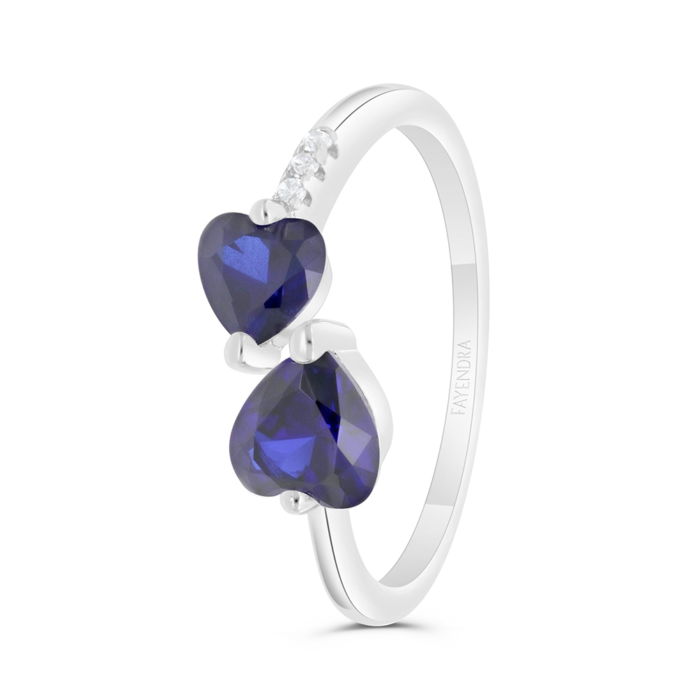 Sterling Silver 925 Ring Rhodium Plated Embedded With Sapphire Corundum And White CZ