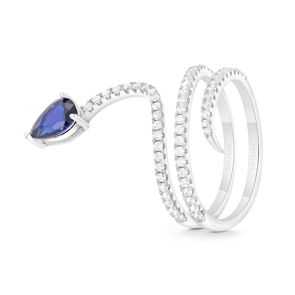 Sterling Silver 925 Ring Rhodium Plated Embedded With Sapphire Corundum And White CZ