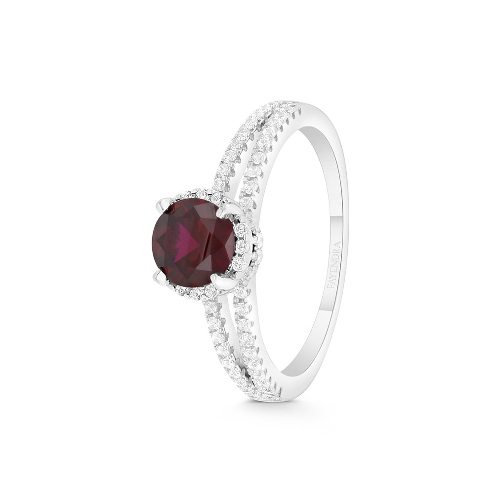 Sterling Silver 925 Ring Rhodium Plated Embedded With Ruby Corundum And White CZ