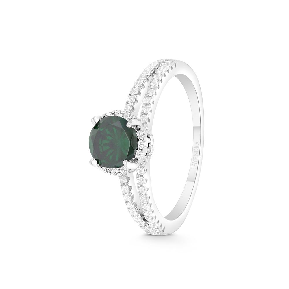 Sterling Silver 925 Ring Rhodium Plated Embedded With Emerald Zircon And White CZ