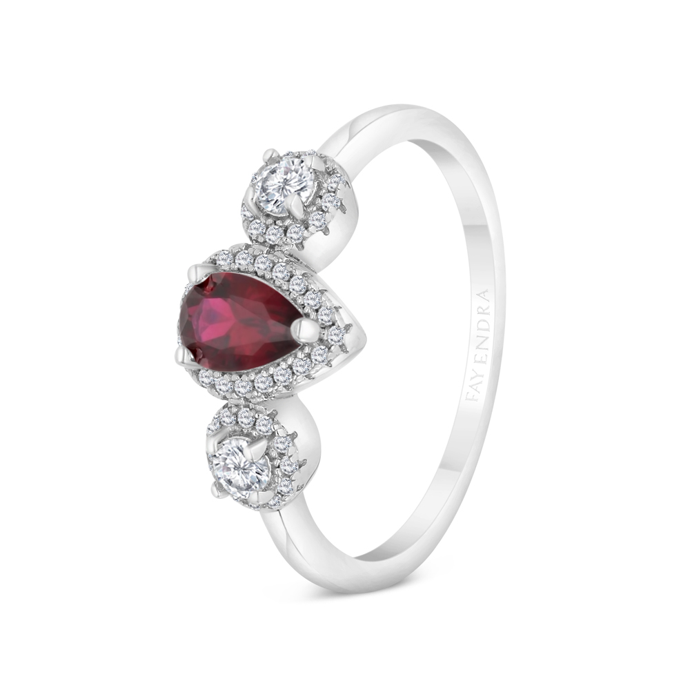 Sterling Silver 925 Ring Rhodium Plated Embedded With Ruby Corundum And White CZ