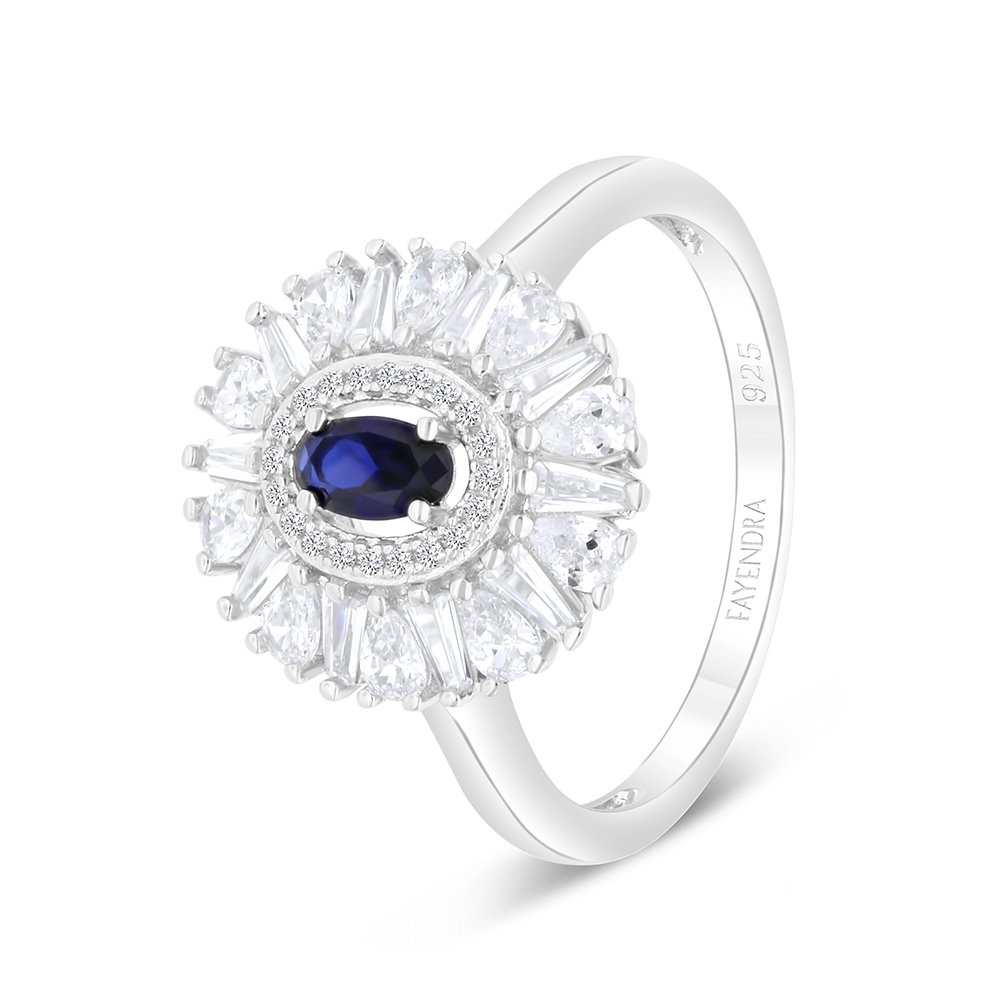 Sterling Silver 925 Ring Rhodium Plated Embedded With Sapphire Corundum And White CZ