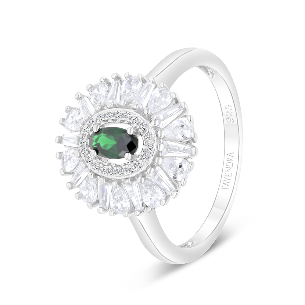 Sterling Silver 925 Ring Rhodium Plated Embedded With Emerald Zircon And White CZ